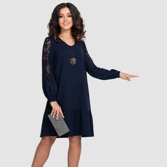 Elegant lace-sleeve everyday midi dress for women | Lowri Quinn -1