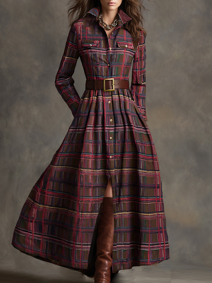 Retro plaid lapel-collar belted maxi dress for women | Marzena -6