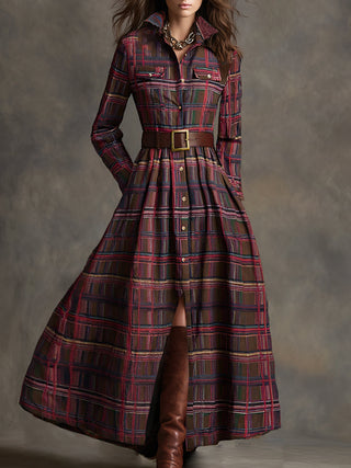 Retro plaid lapel-collar belted maxi dress for women | Marzena -6