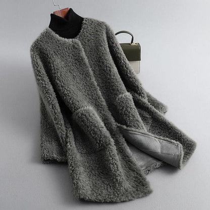 Draped shearling-style coat with fluid silhouette for women | Olivia -4