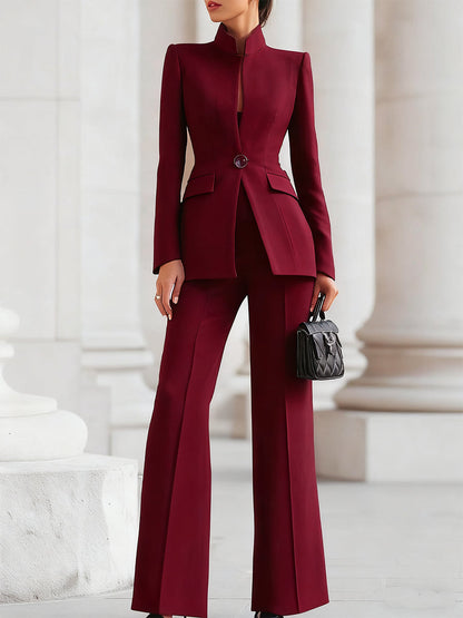High-collar blazer and wide-leg trouser suit set for women | Navarre -7