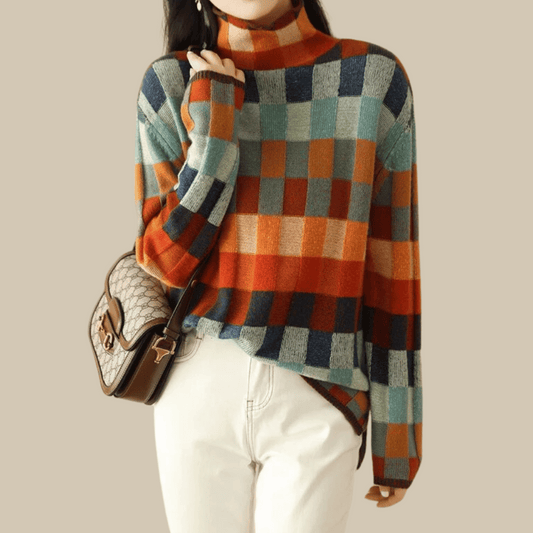 Artistic patchwork turtleneck knit jumper for women | Mirelle -1