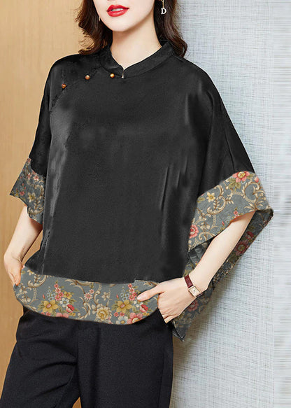 Vintage Black Mandarin Collar Asymmetrical Patchwork Shirt Women| Kaelisse
