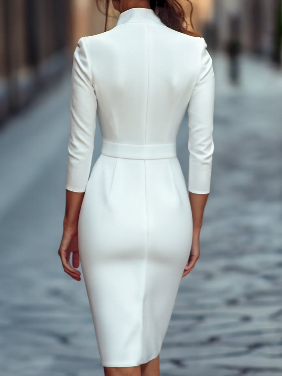 Belted mandarin-collar sheath dress for women | Arlisse -9