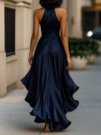Halter ruffle high-low evening gown for women | Noctelle -2