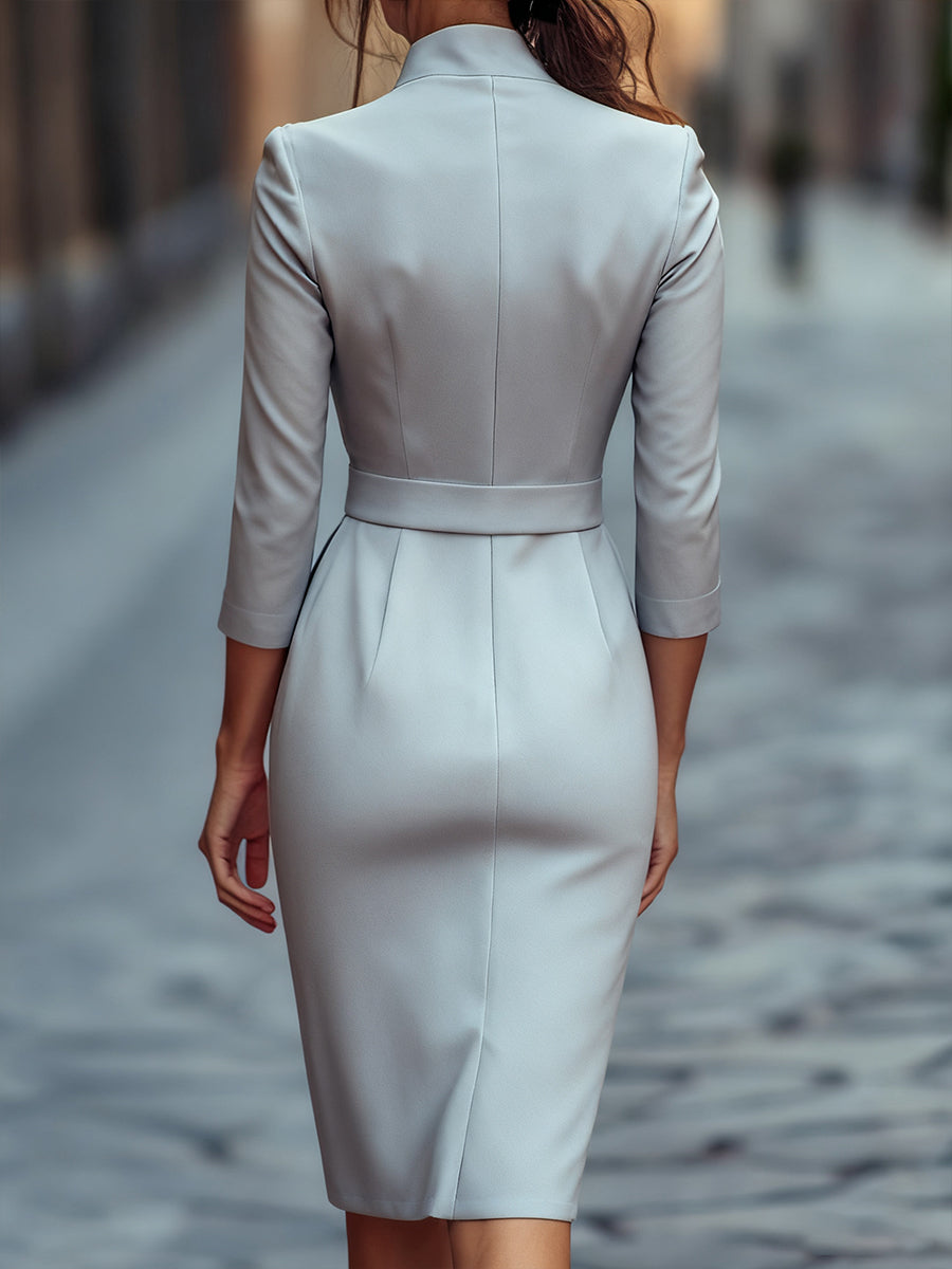 Belted mandarin-collar sheath dress for women | Arlisse -11