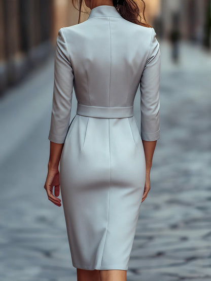 Belted mandarin-collar sheath dress for women | Arlisse -11