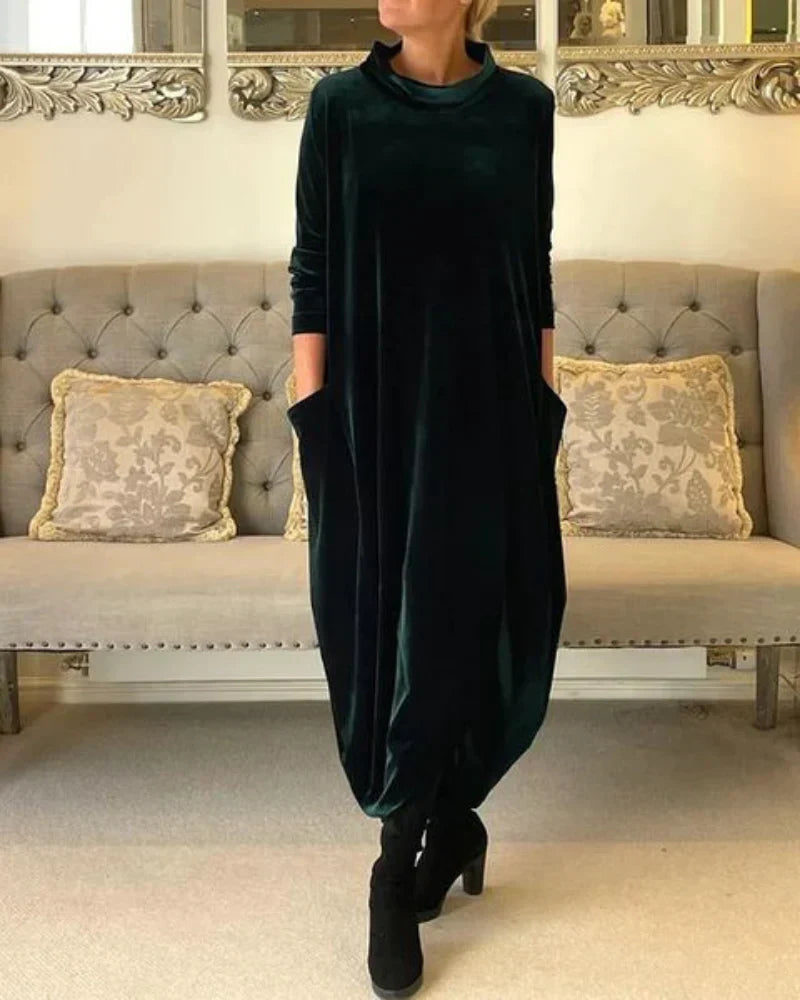 Velvety winter midi dress with pockets for women | Etta -1