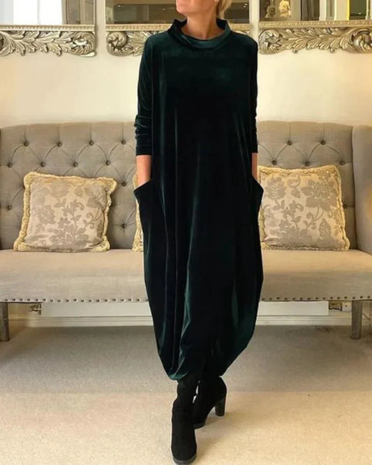 Velvety winter midi dress with pockets for women | Etta -1