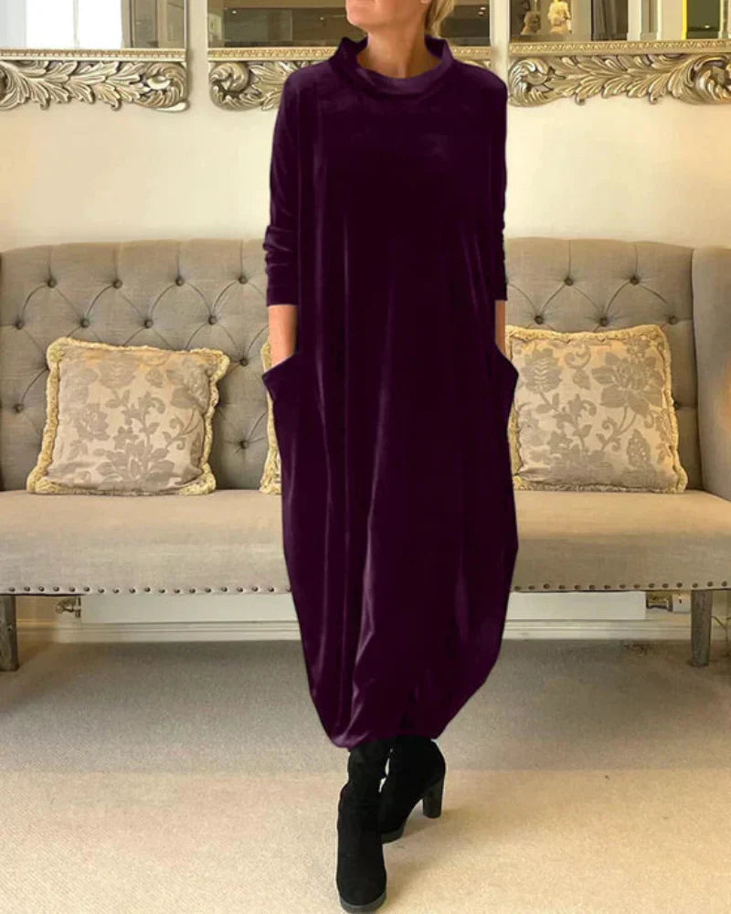 Velvety winter midi dress with pockets for women | Etta -2