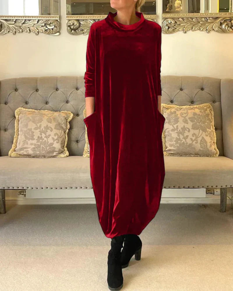 Velvety winter midi dress with pockets for women | Etta -3