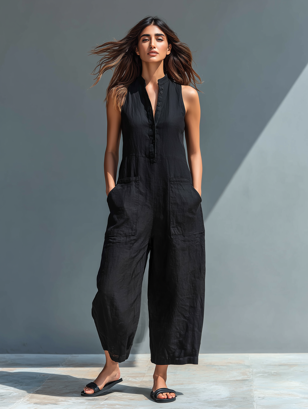 Linen blend button-up loose everyday jumpsuit for women | Linelia -5