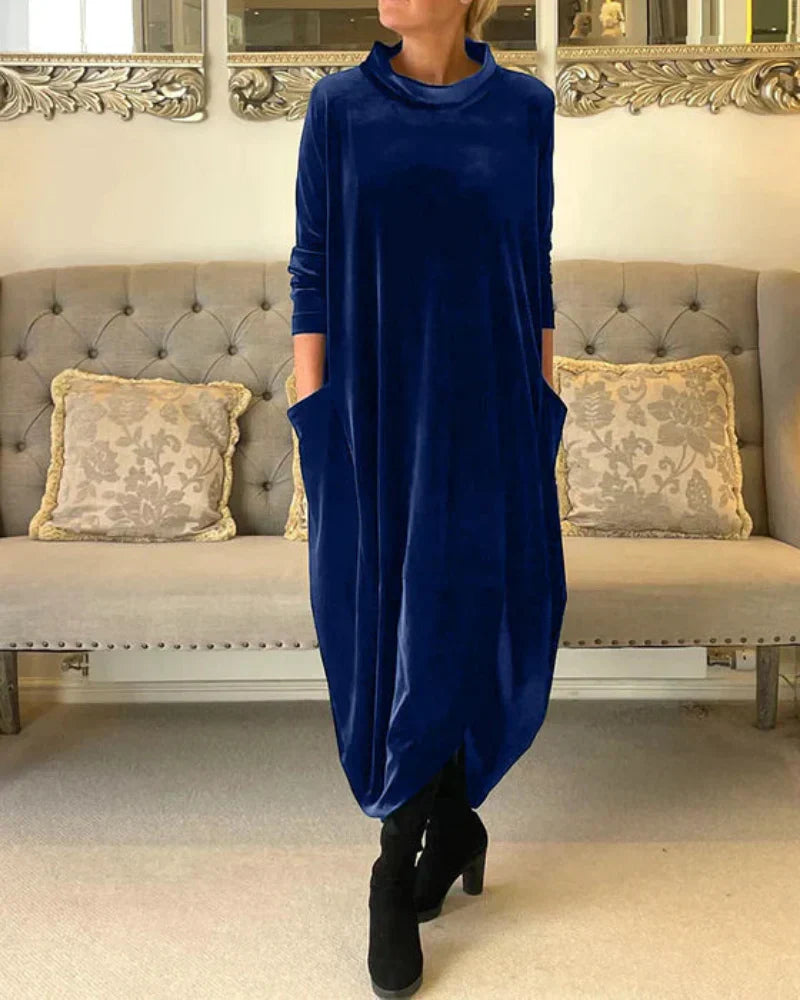 Velvety winter midi dress with pockets for women | Etta -4