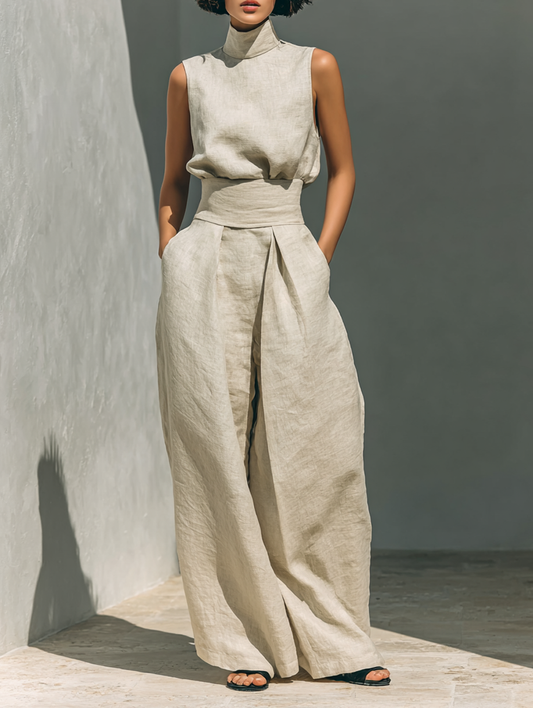 Minimalist sleeveless blouse and wide-leg trouser set for women | Lincord -1