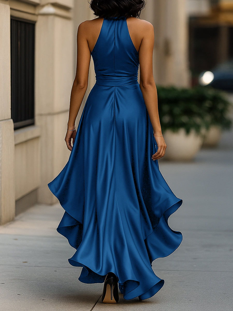 Halter ruffle high-low evening gown for women | Noctelle -12