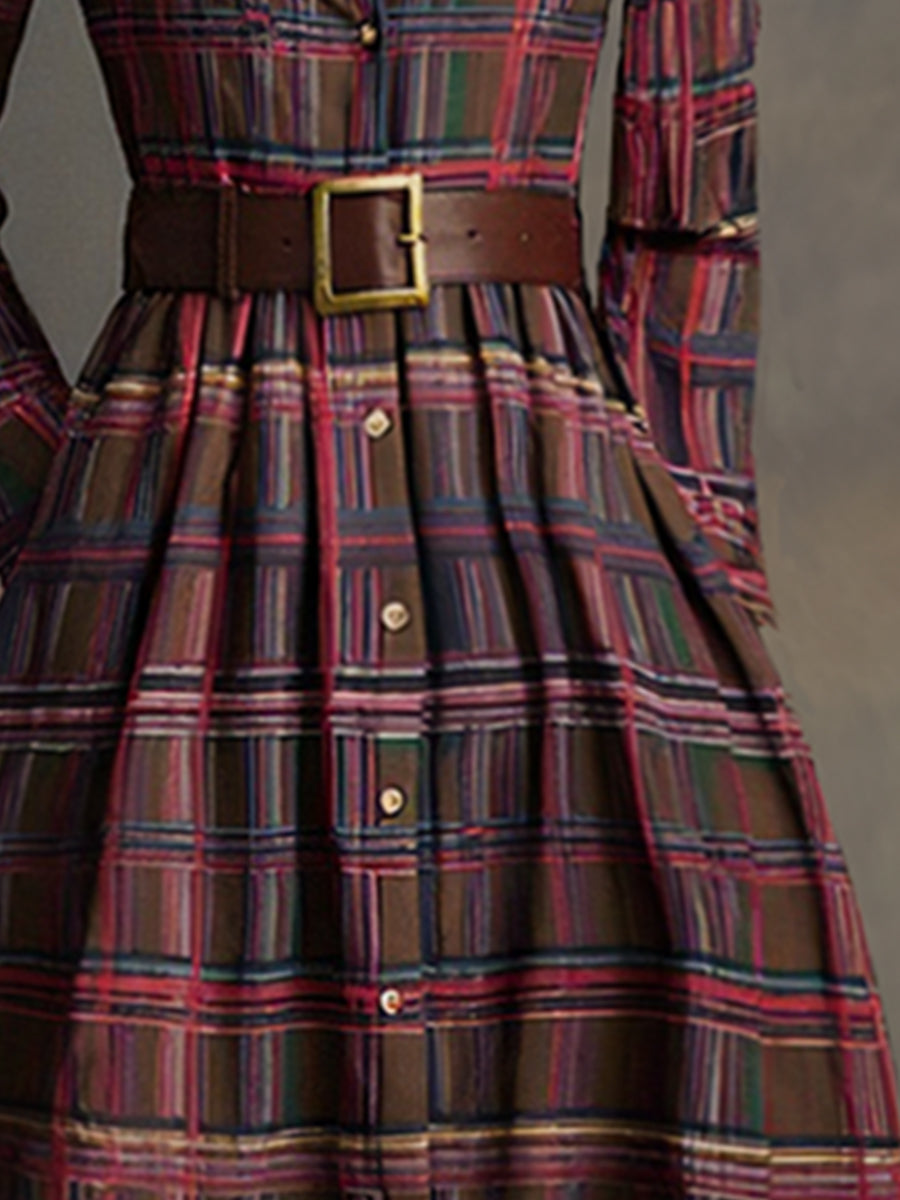 Retro plaid lapel-collar belted maxi dress for women | Marzena -23