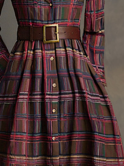 Retro plaid lapel-collar belted maxi dress for women | Marzena -23