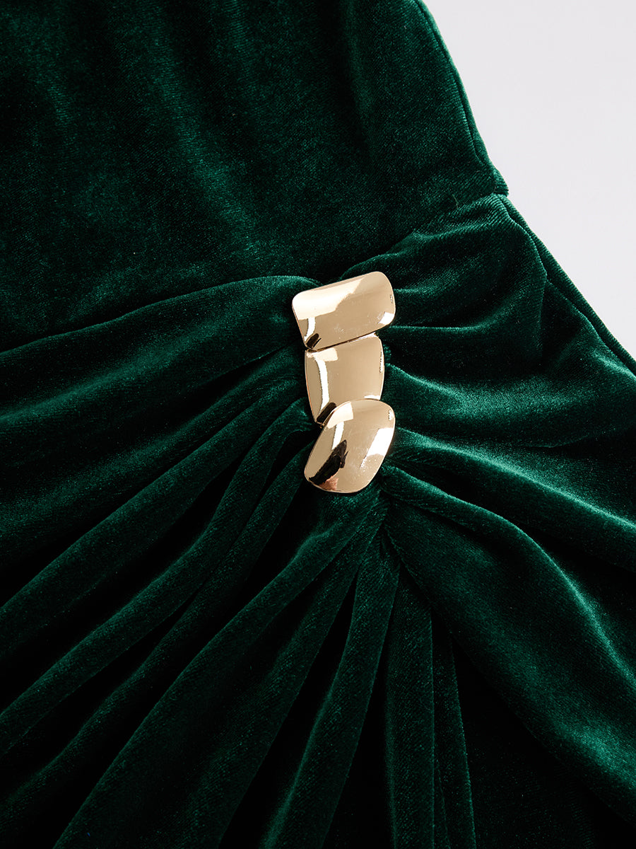 Velvet ruffled-neckline elegant midi dress for women | Elanova -7