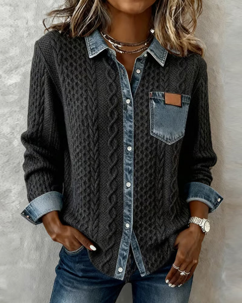 Denim patchwork casual everyday shirt for women | Juliane -4