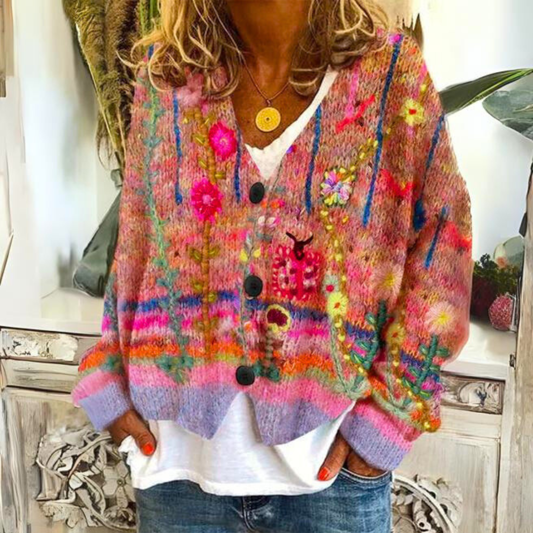 Bohemian floral embroidered multicolor cardigan for Women | Elisa Bloom