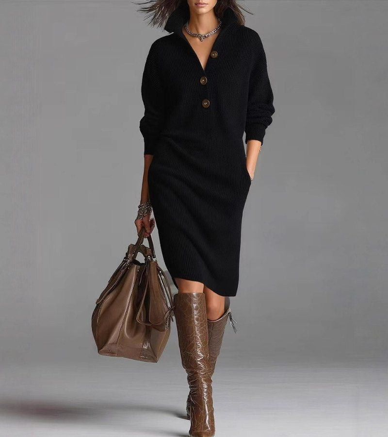 Warm high-collar knit midi dress with buttons for Women | Elowira Grace