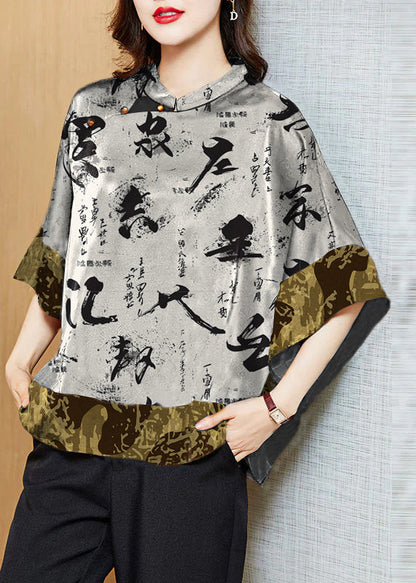 Vintage Black Mandarin Collar Asymmetrical Patchwork Shirt Women| Kaelisse