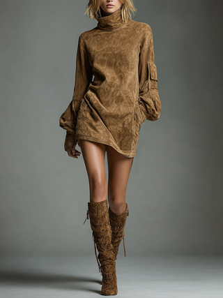 Vintage loose suede turtleneck mini dress for women | Suedette -7