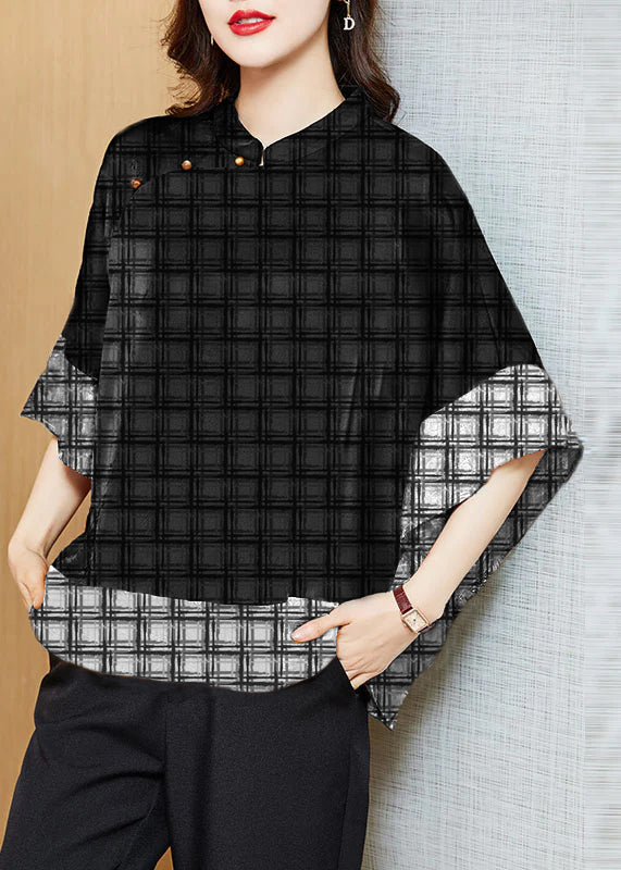 Vintage Black Mandarin Collar Asymmetrical Patchwork Shirt Women| Kaelisse