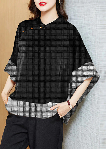 Vintage Black Mandarin Collar Asymmetrical Patchwork Shirt Women| Kaelisse
