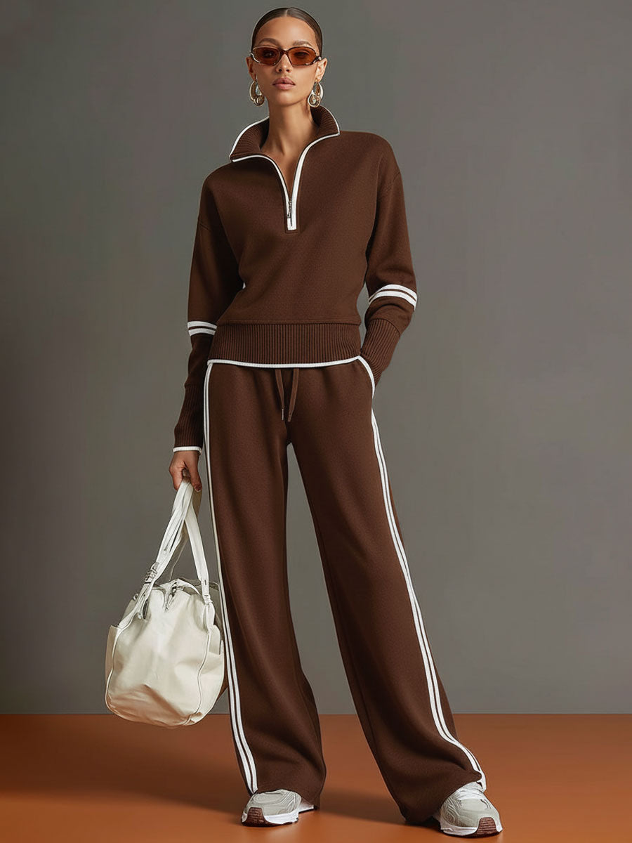 Retro half-zip sweatshirt and wide-leg trousers set for women | Vireon -8