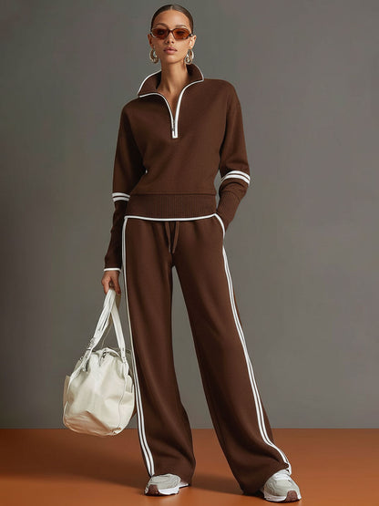 Retro half-zip sweatshirt and wide-leg trousers set for women | Vireon -8