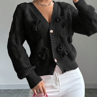 Elowen | Women's Bow Detail V Neck Knit Cardigan