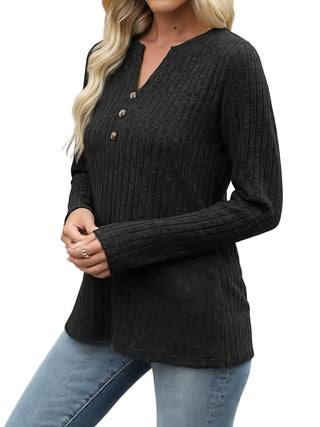 Virelle | Women's Ribbed Button Neck Long Sleeve Top
