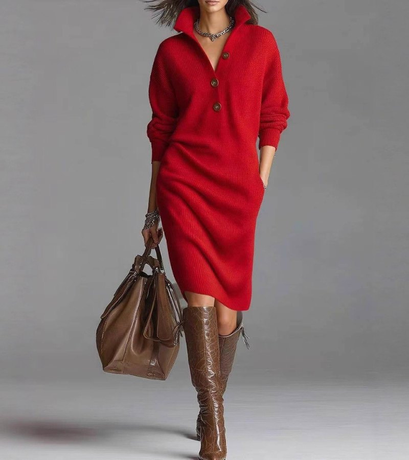 Warm high-collar knit midi dress with buttons for Women | Elowira Grace