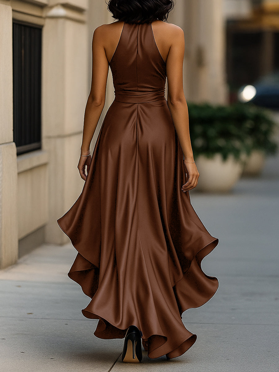 Halter ruffle high-low evening gown for women | Noctelle -14