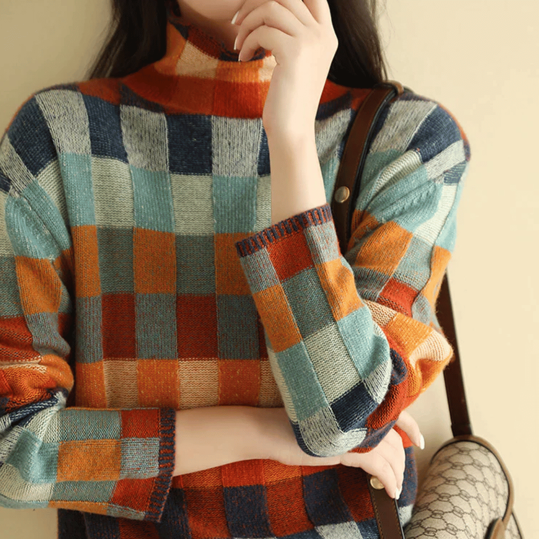 Artistic patchwork turtleneck knit jumper for women | Mirelle -4