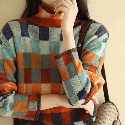 Artistic patchwork turtleneck knit jumper for women | Mirelle -4