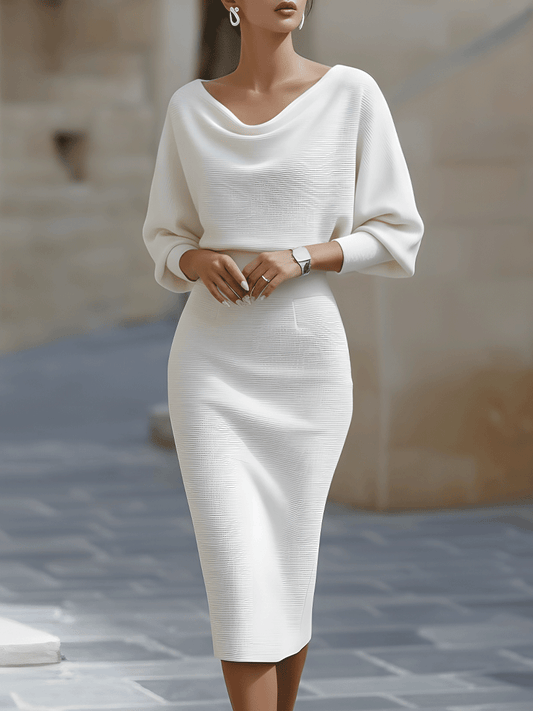 Draped batwing cowl-neck midi dress for women | Selvara -1