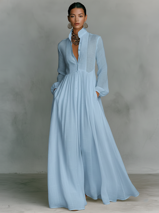 Patchwork stand-collar long-sleeve maxi dress for women | Patchella -5