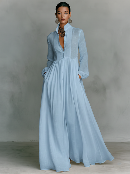 Patchwork stand-collar long-sleeve maxi dress for women | Patchella -5