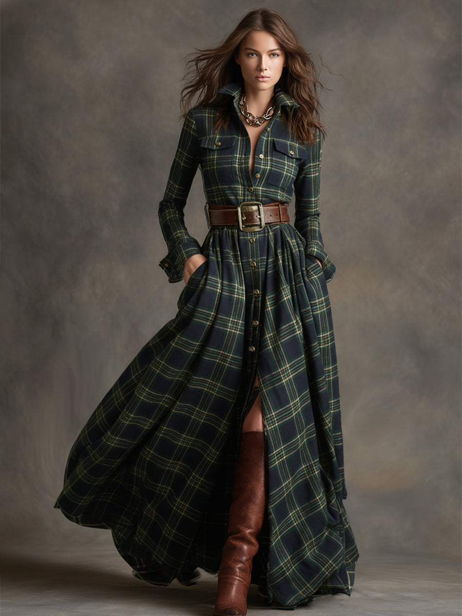 Retro plaid lapel-collar belted maxi dress for women | Marzena -7