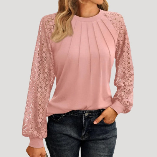 Long sleeve lace detail pleated blouse for women | Lacette -1