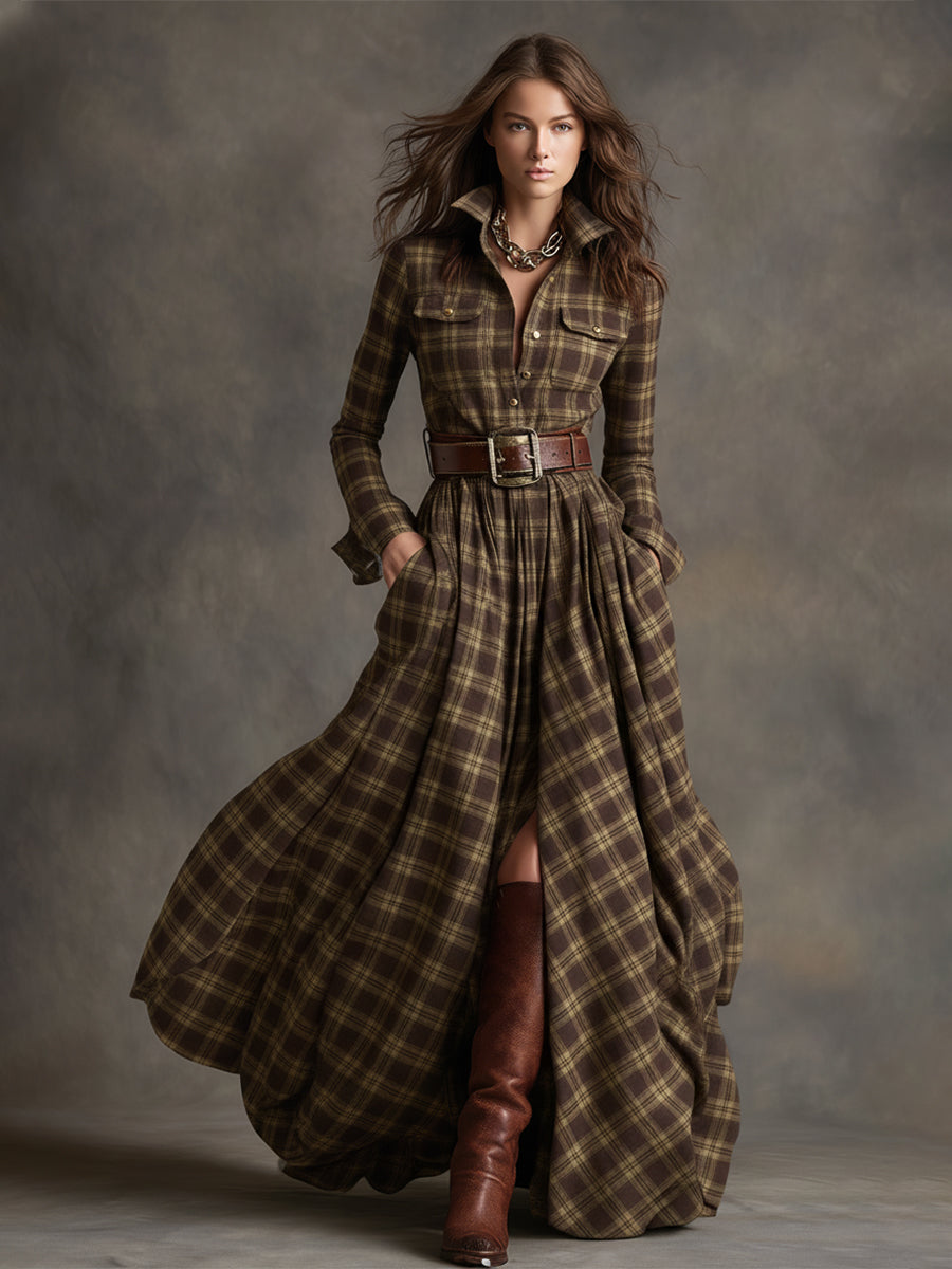 Retro plaid lapel-collar belted maxi dress for women | Marzena -13