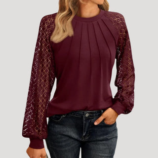 Long sleeve lace detail pleated blouse for women | Lacette -2
