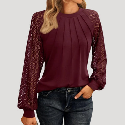 Long sleeve lace detail pleated blouse for women | Lacette -2