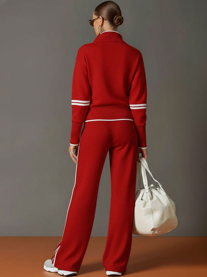 Retro half-zip sweatshirt and wide-leg trousers set for women | Vireon -12