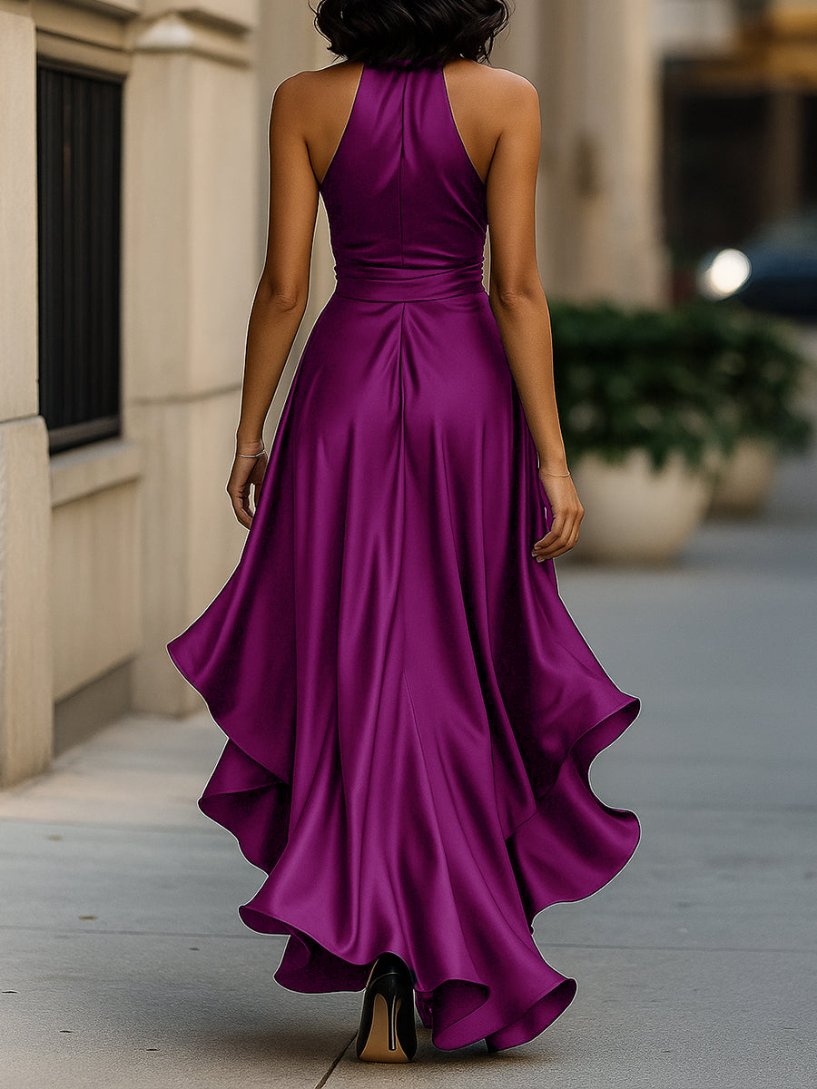 Halter ruffle high-low evening gown for women | Noctelle -18