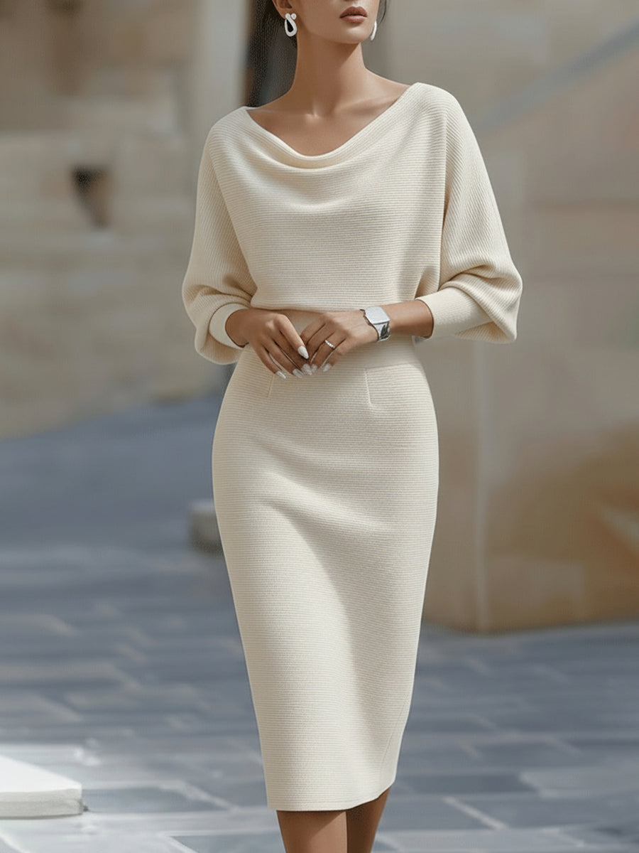 Draped batwing cowl-neck midi dress for women | Selvara -2