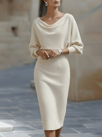 Draped batwing cowl-neck midi dress for women | Selvara -2