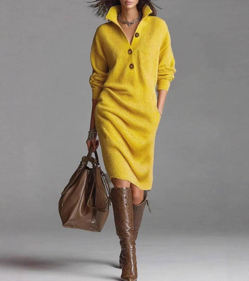 Warm high-collar knit midi dress with buttons for Women | Elowira Grace